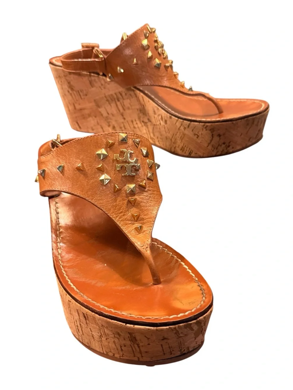 Tory Burch Cognac Leather Platform Cork Wedge Thong Sandals Gold Studs Size 10.5